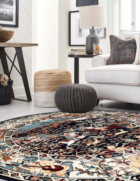 Navy Blue 5' 3 x 5' 3 Narenj Round Area Rug 85% Polypropylene & 15% Polyester Traditional Classic Carpet for Living, Dining, Bedrooms, Office for Sale at Rug Engine