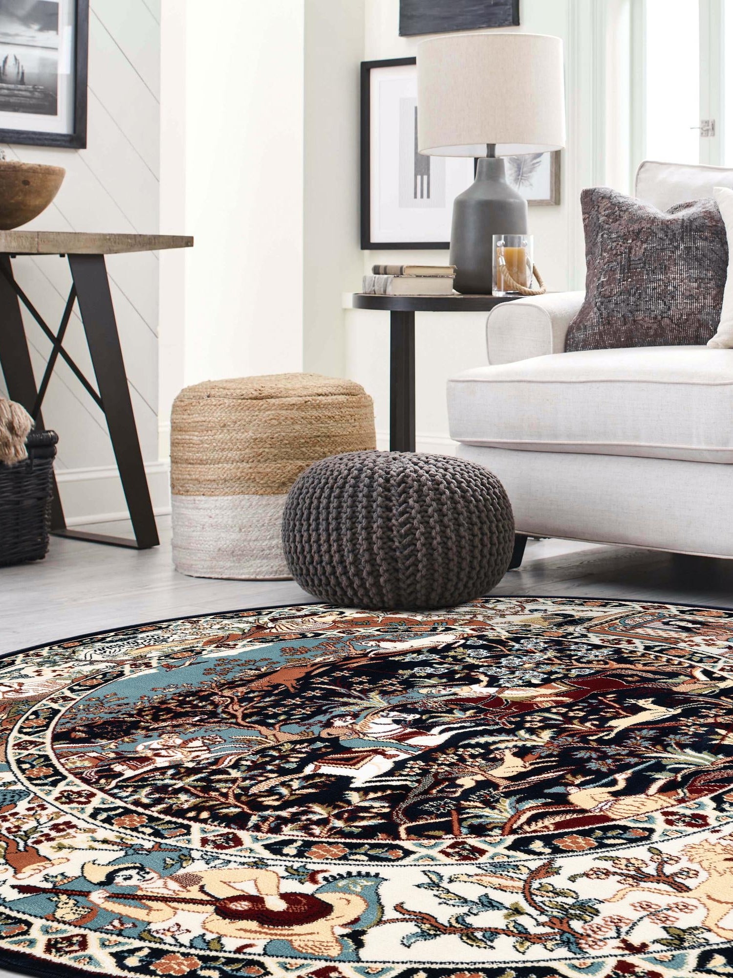 Navy Blue 10' x 10' Narenj Round Area Rug 85% Polypropylene & 15% Polyester Traditional Classic Carpet for Living, Dining, Bedrooms, Office for Sale at Rug Engine