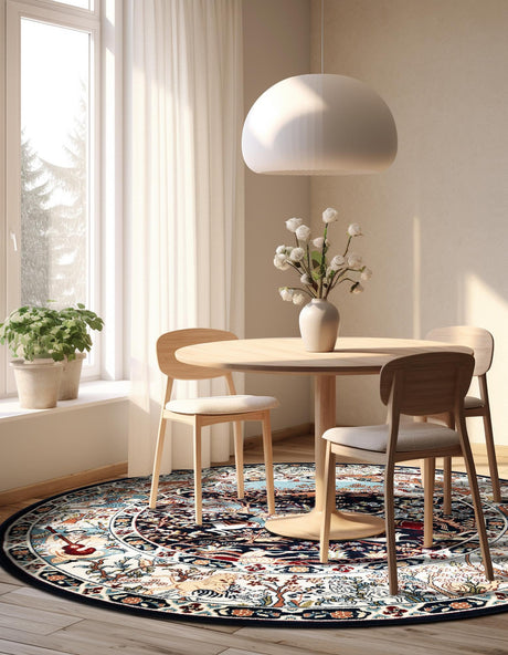 Navy Blue 5' 3 x 5' 3 Narenj Round Area Rug 85% Polypropylene & 15% Polyester Traditional Classic Carpet for Living, Dining, Bedrooms, Office for Sale at Rug Engine