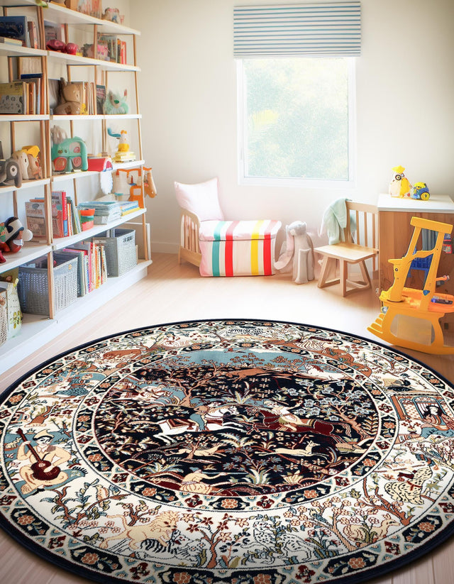 Navy Blue 5' 3 x 5' 3 Narenj Round Area Rug 85% Polypropylene & 15% Polyester Traditional Classic Carpet for Living, Dining, Bedrooms, Office for Sale at Rug Engine