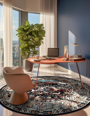 Navy Blue 5' 3 x 5' 3 Narenj Round Area Rug 85% Polypropylene & 15% Polyester Traditional Classic Carpet for Living, Dining, Bedrooms, Office for Sale at Rug Engine