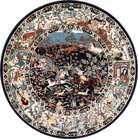 Navy Blue 5' 3 x 5' 3 Narenj Round Area Rug 85% Polypropylene & 15% Polyester Traditional Classic Carpet for Living, Dining, Bedrooms, Office for Sale at Rug Engine