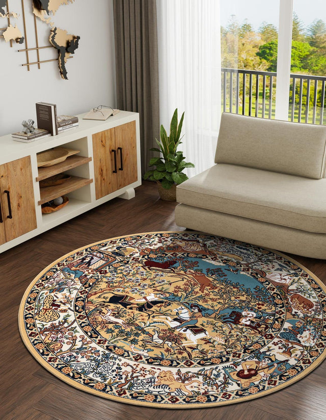 Tan 5' 3 x 5' 3 Narenj Round Area Rug 85% Polypropylene & 15% Polyester Traditional Classic Carpet for Living, Dining, Bedrooms, Office for Sale at Rug Engine