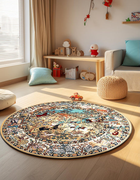 Tan 5' 3 x 5' 3 Narenj Round Area Rug 85% Polypropylene & 15% Polyester Traditional Classic Carpet for Living, Dining, Bedrooms, Office for Sale at Rug Engine