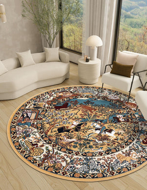 Tan 5' 3 x 5' 3 Narenj Round Area Rug 85% Polypropylene & 15% Polyester Traditional Classic Carpet for Living, Dining, Bedrooms, Office for Sale at Rug Engine