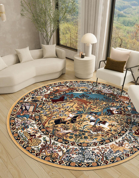 Tan 5' 3 x 5' 3 Narenj Round Area Rug 85% Polypropylene & 15% Polyester Traditional Classic Carpet for Living, Dining, Bedrooms, Office for Sale at Rug Engine