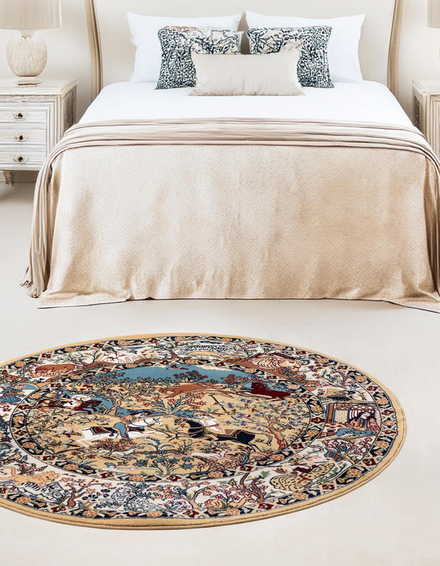 Tan 5' 3 x 5' 3 Narenj Round Area Rug 85% Polypropylene & 15% Polyester Traditional Classic Carpet for Living, Dining, Bedrooms, Office for Sale at Rug Engine