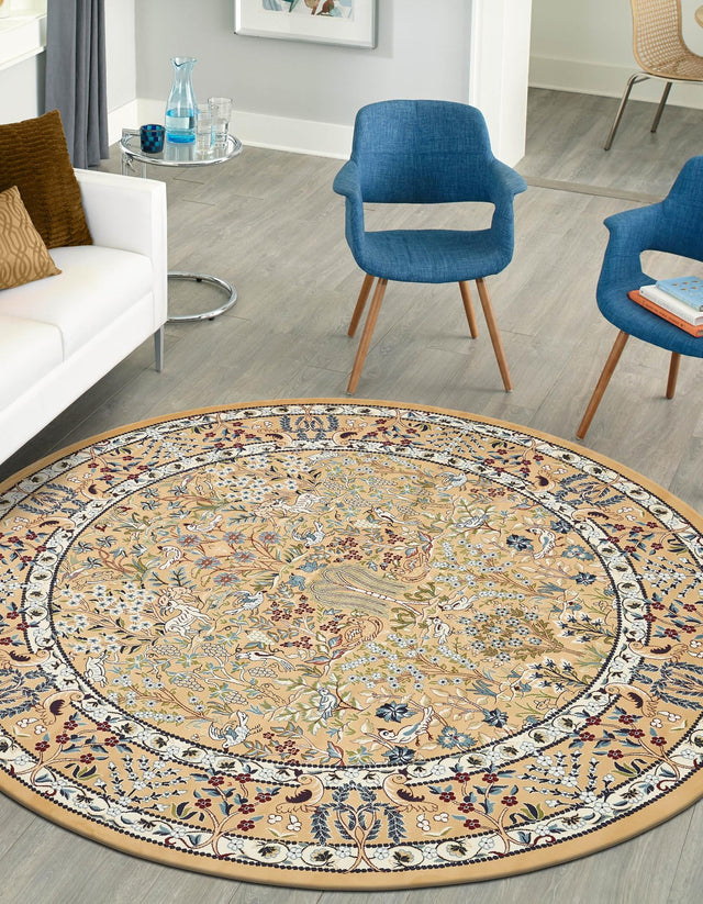 Beige 5' 3 x 5' 3 Narenj Round Area Rug 85% Polypropylene & 15% Polyester Traditional Classic Carpet for Living, Dining, Bedrooms, Office for Sale at Rug Engine