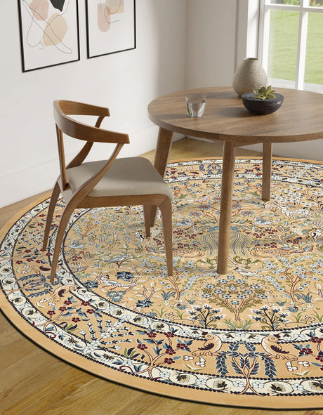 Beige 5' 3 x 5' 3 Narenj Round Area Rug 85% Polypropylene & 15% Polyester Traditional Classic Carpet for Living, Dining, Bedrooms, Office for Sale at Rug Engine