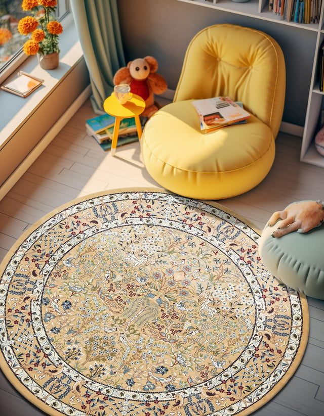 Beige 5' 3 x 5' 3 Narenj Round Area Rug 85% Polypropylene & 15% Polyester Traditional Classic Carpet for Living, Dining, Bedrooms, Office for Sale at Rug Engine