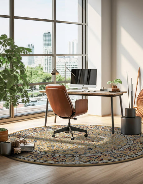 Beige 10' x 10' Narenj Round Area Rug 85% Polypropylene & 15% Polyester Traditional Classic Carpet for Living, Dining, Bedrooms, Office for Sale at Rug Engine