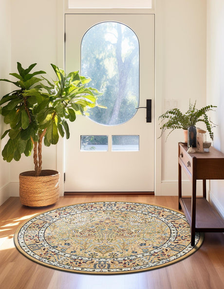 Beige 10' x 10' Narenj Round Area Rug 85% Polypropylene & 15% Polyester Traditional Classic Carpet for Living, Dining, Bedrooms, Office for Sale at Rug Engine