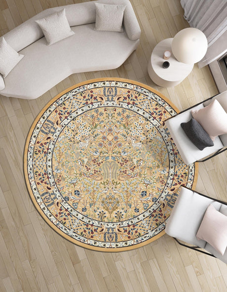 Beige 10' x 10' Narenj Round Area Rug 85% Polypropylene & 15% Polyester Traditional Classic Carpet for Living, Dining, Bedrooms, Office for Sale at Rug Engine