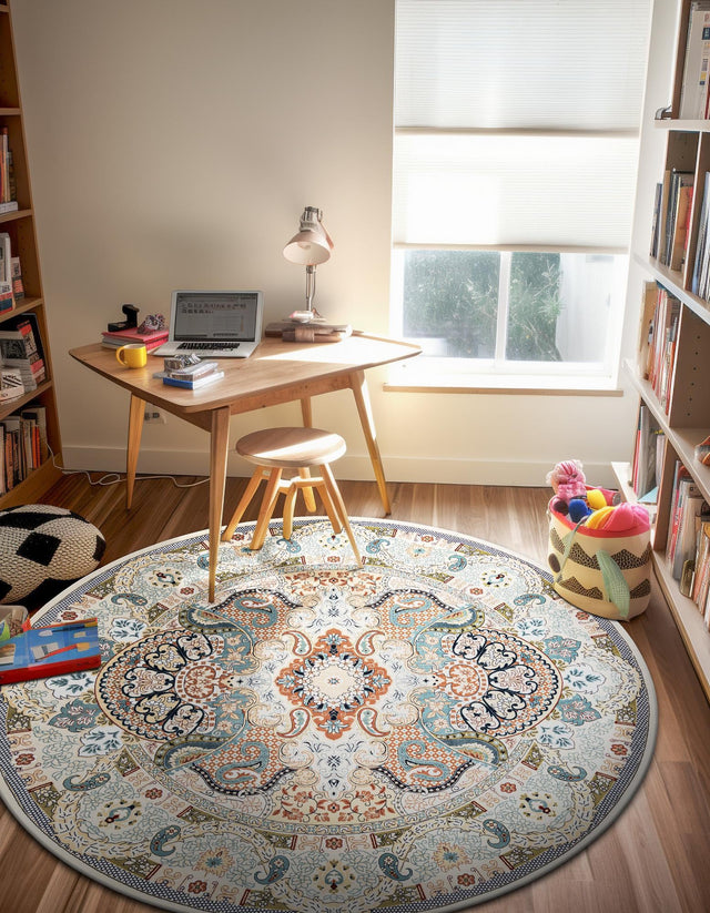 Ivory 5' 3 x 5' 3 Narenj Round Area Rug 85% Polypropylene & 15% Polyester Traditional Classic Carpet for Living, Dining, Bedrooms, Office for Sale at Rug Engine