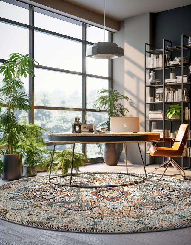 Ivory 5' 3 x 5' 3 Narenj Round Area Rug 85% Polypropylene & 15% Polyester Traditional Classic Carpet for Living, Dining, Bedrooms, Office for Sale at Rug Engine