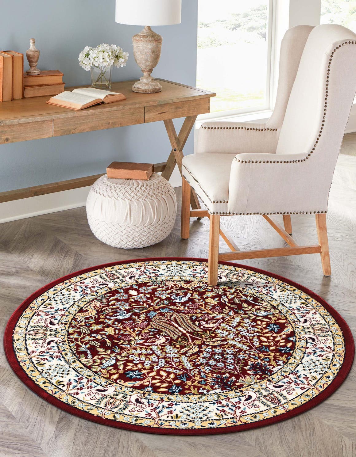 Burgundy 5' 3 x 5' 3 Narenj Round Area Rug 85% Polypropylene & 15% Polyester Traditional Classic Carpet for Living, Dining, Bedrooms, Office for Sale at Rug Engine