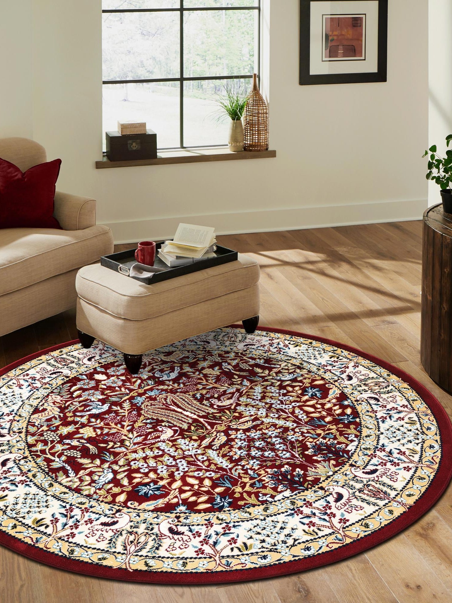 Burgundy 10' x 10' Narenj Round Area Rug 85% Polypropylene & 15% Polyester Traditional Classic Carpet for Living, Dining, Bedrooms, Office for Sale at Rug Engine