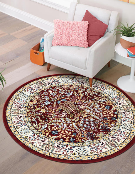 Burgundy 5' 3 x 5' 3 Narenj Round Area Rug 85% Polypropylene & 15% Polyester Traditional Classic Carpet for Living, Dining, Bedrooms, Office for Sale at Rug Engine