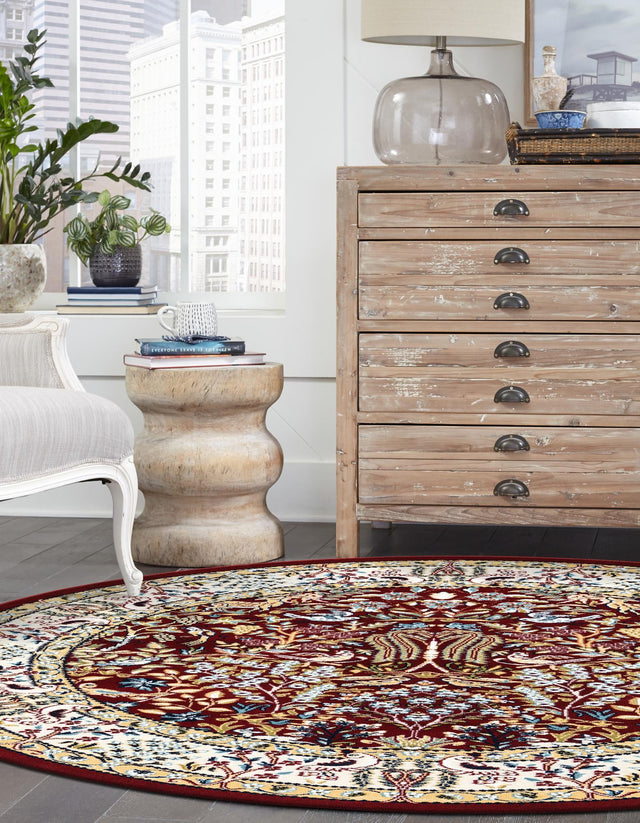 Burgundy 5' 3 x 5' 3 Narenj Round Area Rug 85% Polypropylene & 15% Polyester Traditional Classic Carpet for Living, Dining, Bedrooms, Office for Sale at Rug Engine