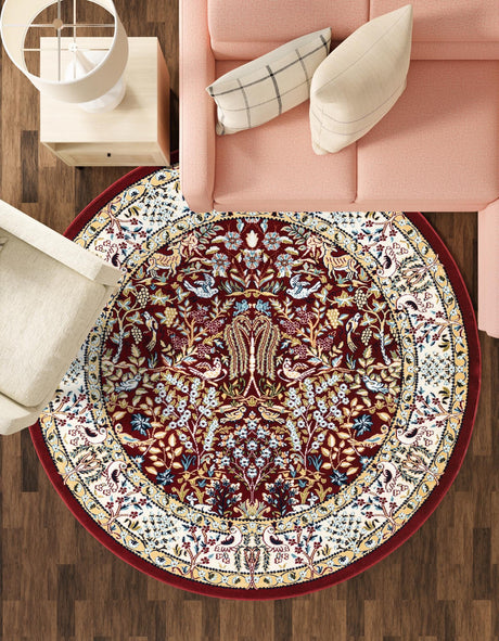 Burgundy 5' 3 x 5' 3 Narenj Round Area Rug 85% Polypropylene & 15% Polyester Traditional Classic Carpet for Living, Dining, Bedrooms, Office for Sale at Rug Engine