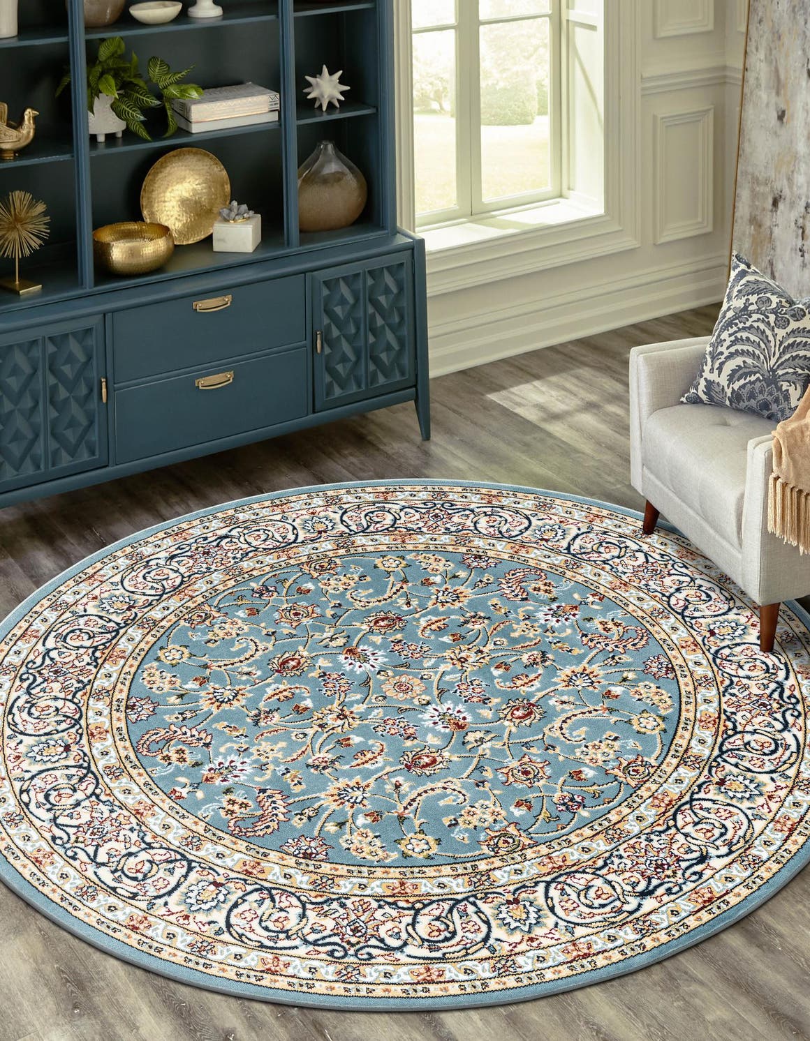 Blue 5' 3 x 5' 3 Narenj Round Area Rug 85% Polypropylene & 15% Polyester Traditional Classic Carpet for Living, Dining, Bedrooms, Office for Sale at Rug Engine