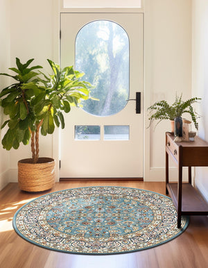 Blue 5' 3 x 5' 3 Narenj Round Area Rug 85% Polypropylene & 15% Polyester Traditional Classic Carpet for Living, Dining, Bedrooms, Office for Sale at Rug Engine