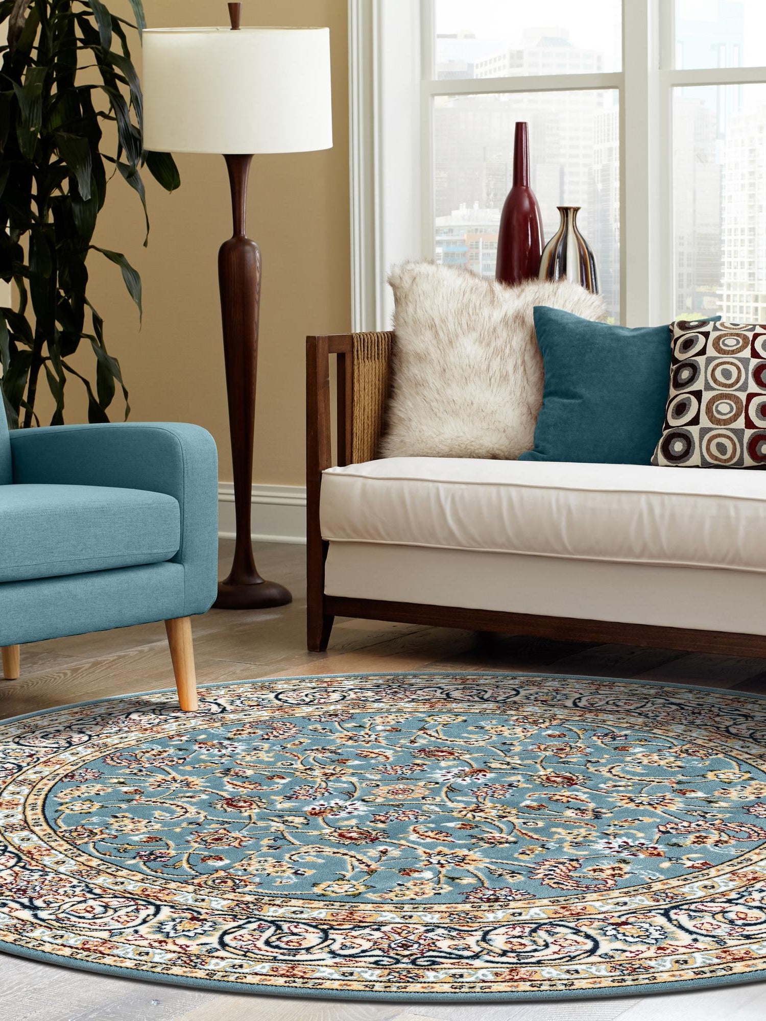 Blue 10' x 10' Narenj Round Area Rug 85% Polypropylene & 15% Polyester Traditional Classic Carpet for Living, Dining, Bedrooms, Office for Sale at Rug Engine