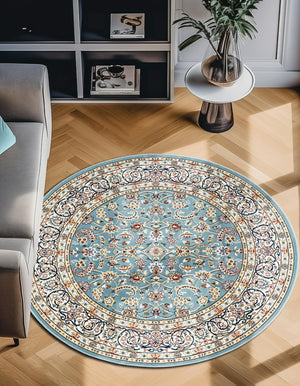 Blue 5' 3 x 5' 3 Narenj Round Area Rug 85% Polypropylene & 15% Polyester Traditional Classic Carpet for Living, Dining, Bedrooms, Office for Sale at Rug Engine