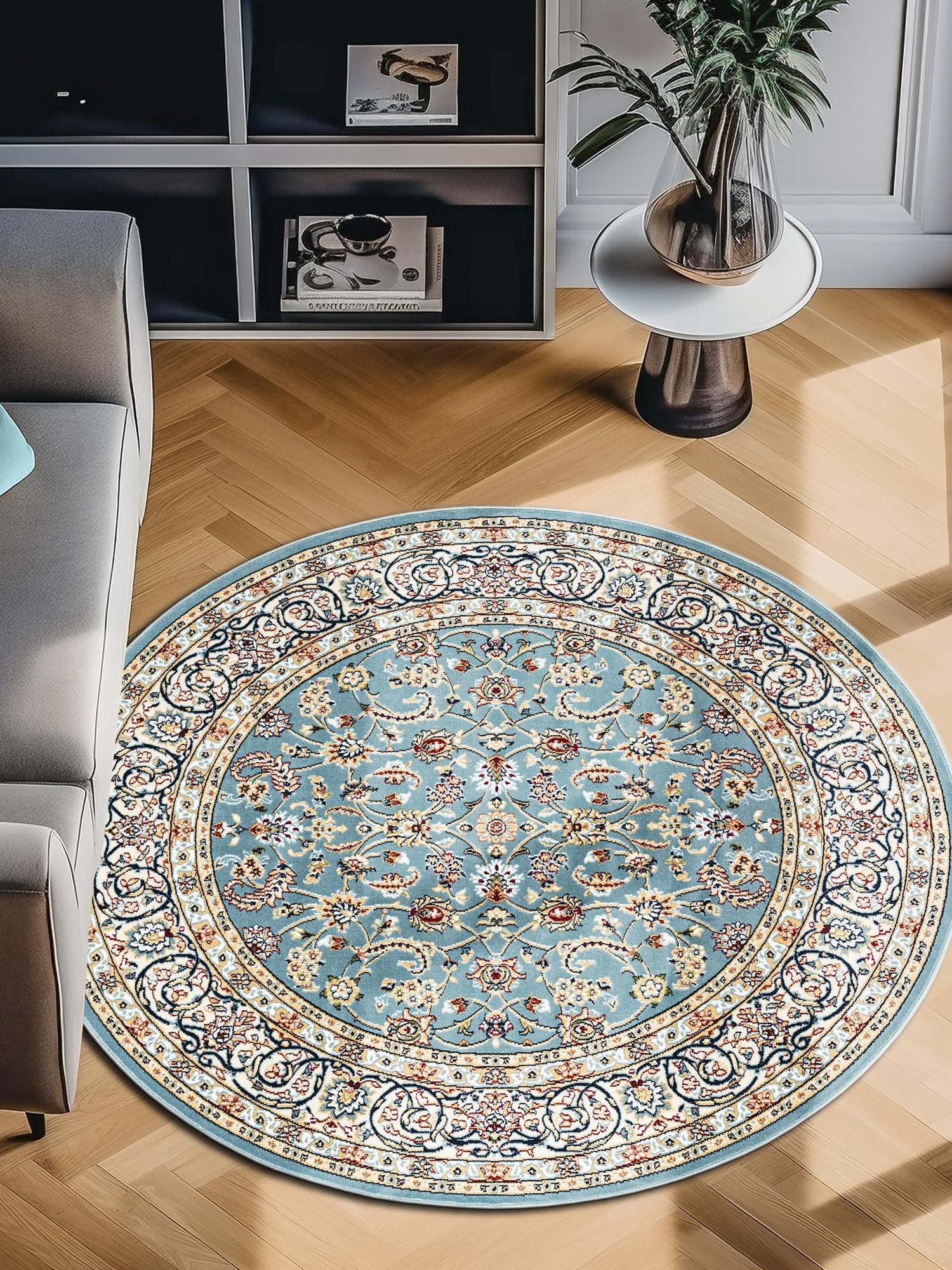 Blue 10' x 10' Narenj Round Area Rug 85% Polypropylene & 15% Polyester Traditional Classic Carpet for Living, Dining, Bedrooms, Office for Sale at Rug Engine