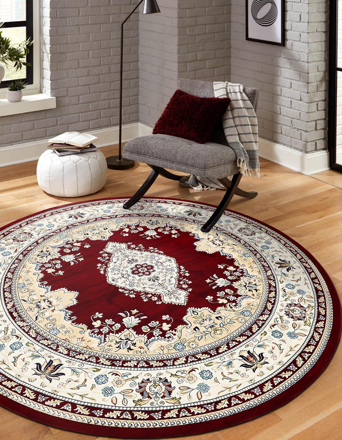 Burgundy 5' 3 x 5' 3 Narenj Round Area Rug 85% Polypropylene & 15% Polyester Traditional Classic Carpet for Living, Dining, Bedrooms, Office for Sale at Rug Engine