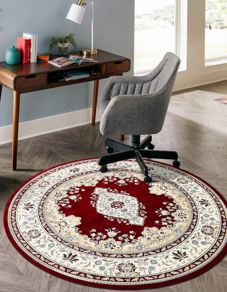 Burgundy 5' 3 x 5' 3 Narenj Round Area Rug 85% Polypropylene & 15% Polyester Traditional Classic Carpet for Living, Dining, Bedrooms, Office for Sale at Rug Engine