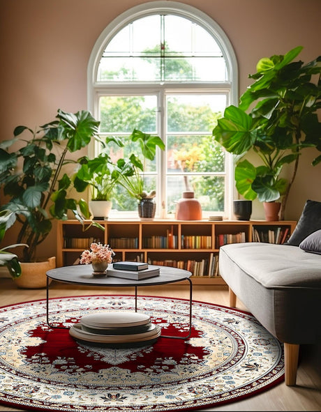 Burgundy 10' x 10' Narenj Round Area Rug 85% Polypropylene & 15% Polyester Traditional Classic Carpet for Living, Dining, Bedrooms, Office for Sale at Rug Engine
