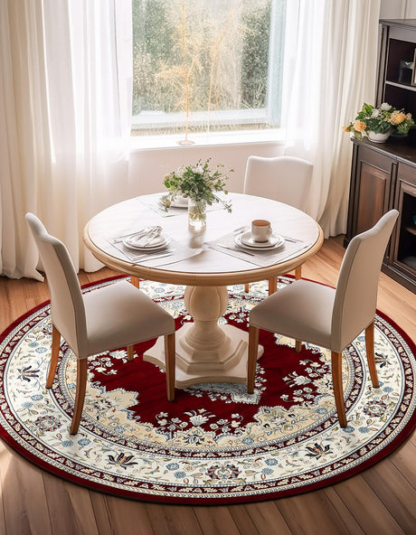 Burgundy 5' 3 x 5' 3 Narenj Round Area Rug 85% Polypropylene & 15% Polyester Traditional Classic Carpet for Living, Dining, Bedrooms, Office for Sale at Rug Engine