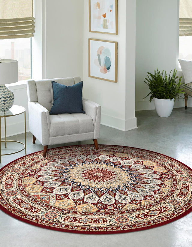 Burgundy 5' 3 x 5' 3 Narenj Round Area Rug 85% Polypropylene & 15% Polyester Traditional Classic Carpet for Living, Dining, Bedrooms, Office for Sale at Rug Engine