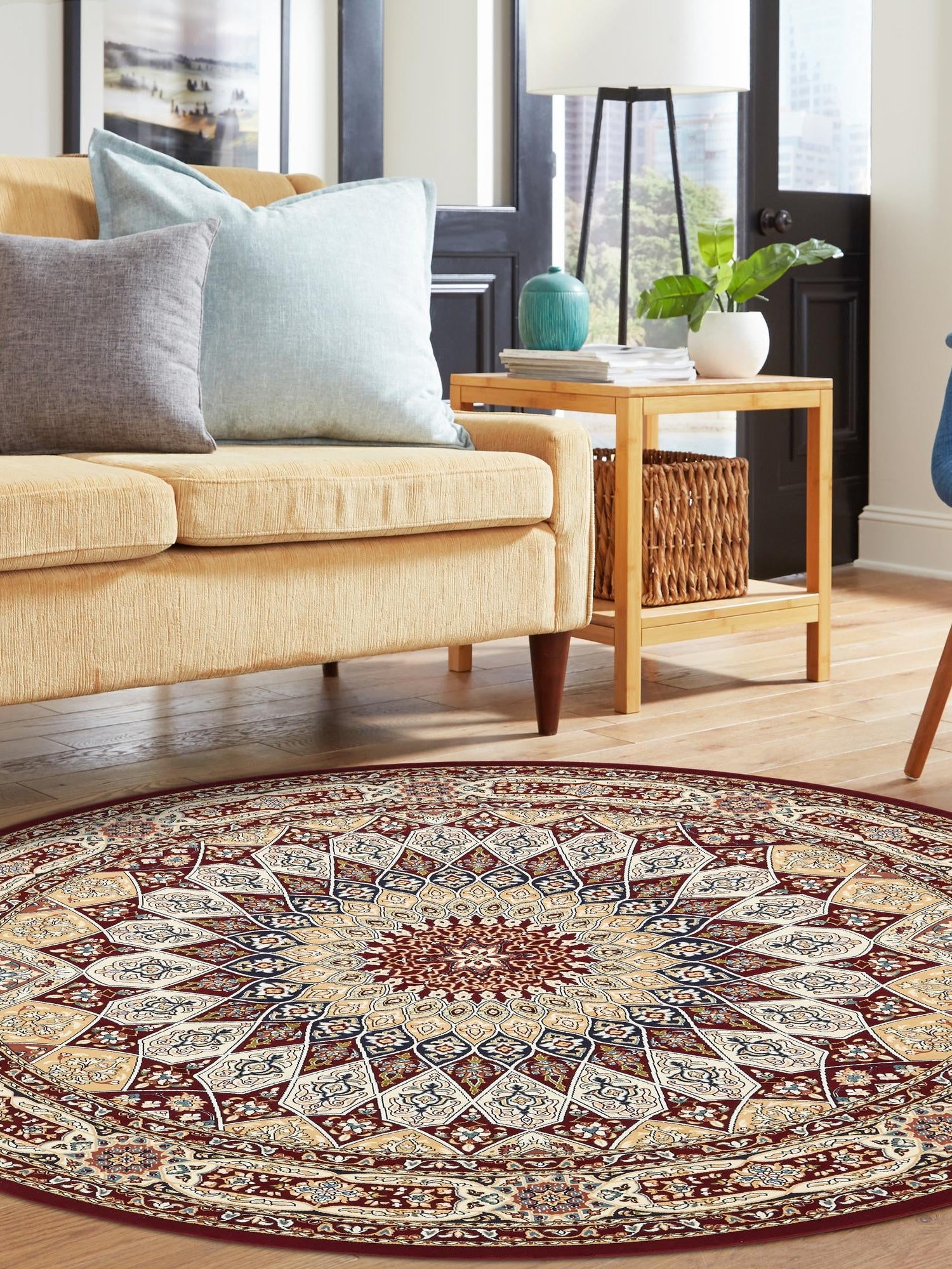 Burgundy 10' x 10' Narenj Round Area Rug 85% Polypropylene & 15% Polyester Traditional Classic Carpet for Living, Dining, Bedrooms, Office for Sale at Rug Engine