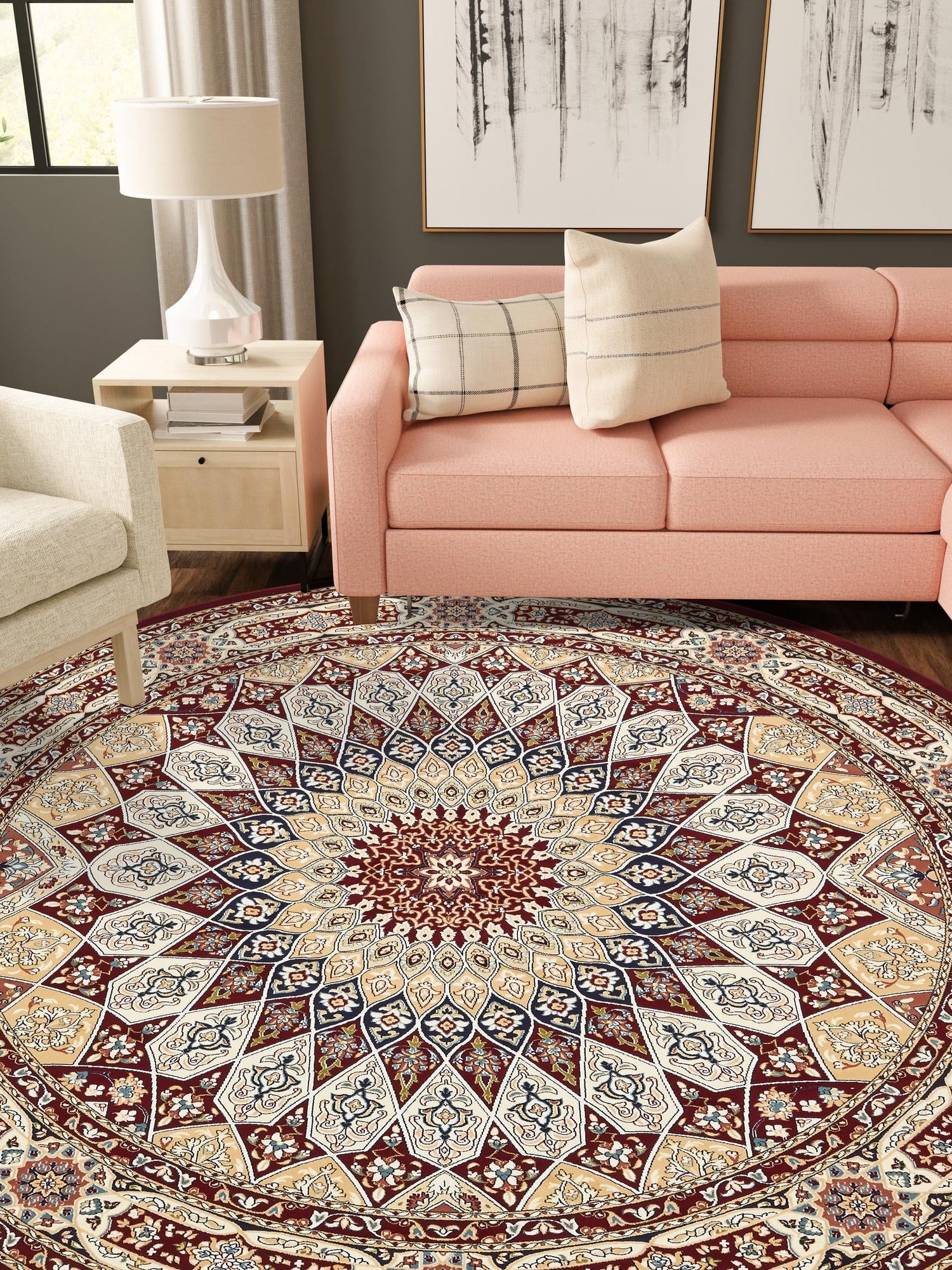 Burgundy 10' x 10' Narenj Round Area Rug 85% Polypropylene & 15% Polyester Traditional Classic Carpet for Living, Dining, Bedrooms, Office for Sale at Rug Engine