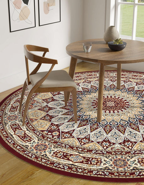 Burgundy 5' 3 x 5' 3 Narenj Round Area Rug 85% Polypropylene & 15% Polyester Traditional Classic Carpet for Living, Dining, Bedrooms, Office for Sale at Rug Engine