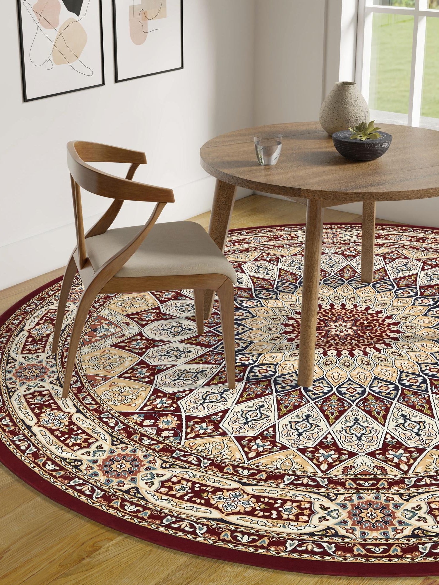 Burgundy 10' x 10' Narenj Round Area Rug 85% Polypropylene & 15% Polyester Traditional Classic Carpet for Living, Dining, Bedrooms, Office for Sale at Rug Engine