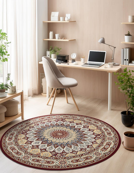 Burgundy 5' 3 x 5' 3 Narenj Round Area Rug 85% Polypropylene & 15% Polyester Traditional Classic Carpet for Living, Dining, Bedrooms, Office for Sale at Rug Engine