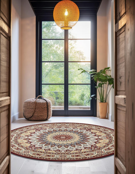 Burgundy 5' 3 x 5' 3 Narenj Round Area Rug 85% Polypropylene & 15% Polyester Traditional Classic Carpet for Living, Dining, Bedrooms, Office for Sale at Rug Engine
