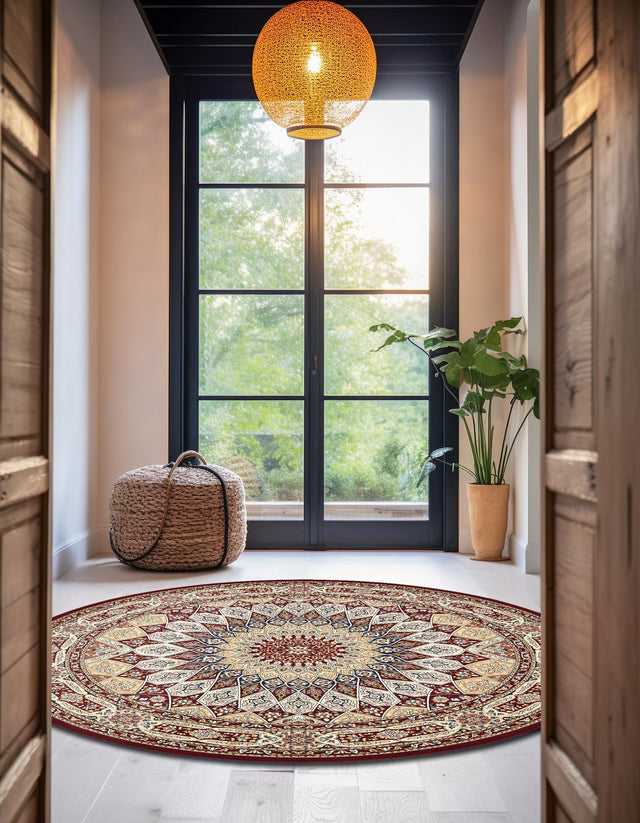 Burgundy 5' 3 x 5' 3 Narenj Round Area Rug 85% Polypropylene & 15% Polyester Traditional Classic Carpet for Living, Dining, Bedrooms, Office for Sale at Rug Engine