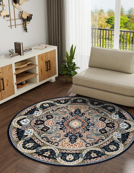 Navy Blue 7' 10 x 7' 10 Narenj Round Area Rug 85% Polypropylene & 15% Polyester Traditional Classic Carpet for Living, Dining, Bedrooms, Office for Sale at Rug Engine