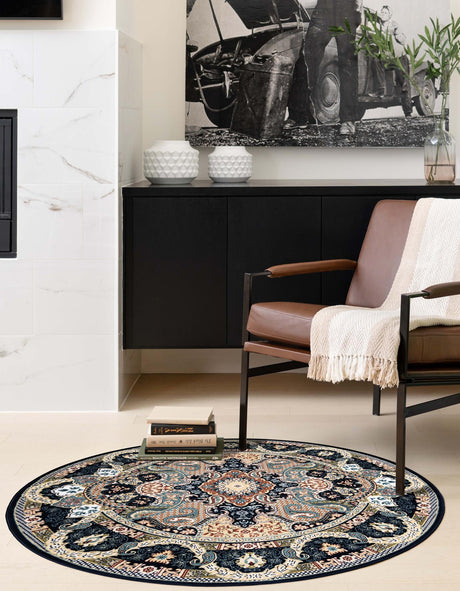 Navy Blue 7' 10 x 7' 10 Narenj Round Area Rug 85% Polypropylene & 15% Polyester Traditional Classic Carpet for Living, Dining, Bedrooms, Office for Sale at Rug Engine