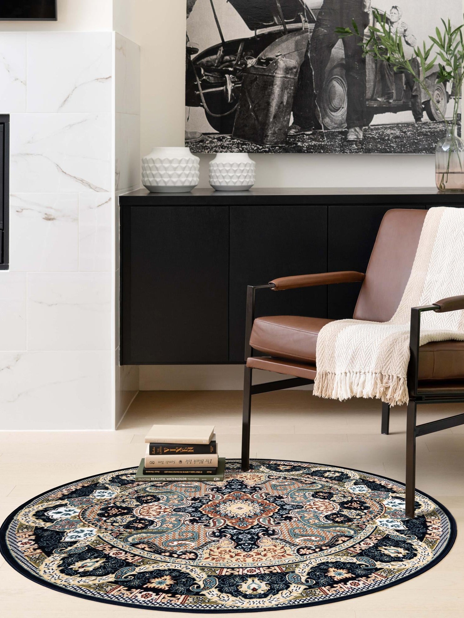 Navy Blue 10' x 10' Narenj Round Area Rug 85% Polypropylene & 15% Polyester Traditional Classic Carpet for Living, Dining, Bedrooms, Office for Sale at Rug Engine
