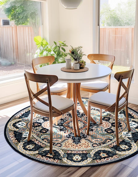 Navy Blue 6' 1 x 6' 1 Narenj Round Area Rug 85% Polypropylene & 15% Polyester Traditional Classic Carpet for Living, Dining, Bedrooms, Office for Sale at Rug Engine