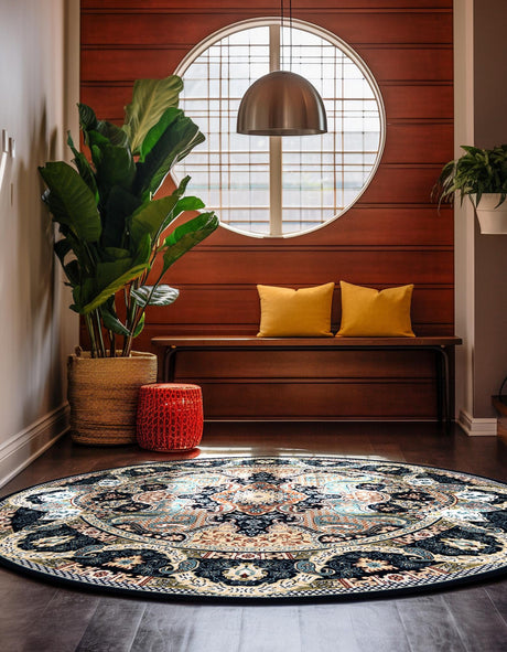 Navy Blue 7' 10 x 7' 10 Narenj Round Area Rug 85% Polypropylene & 15% Polyester Traditional Classic Carpet for Living, Dining, Bedrooms, Office for Sale at Rug Engine
