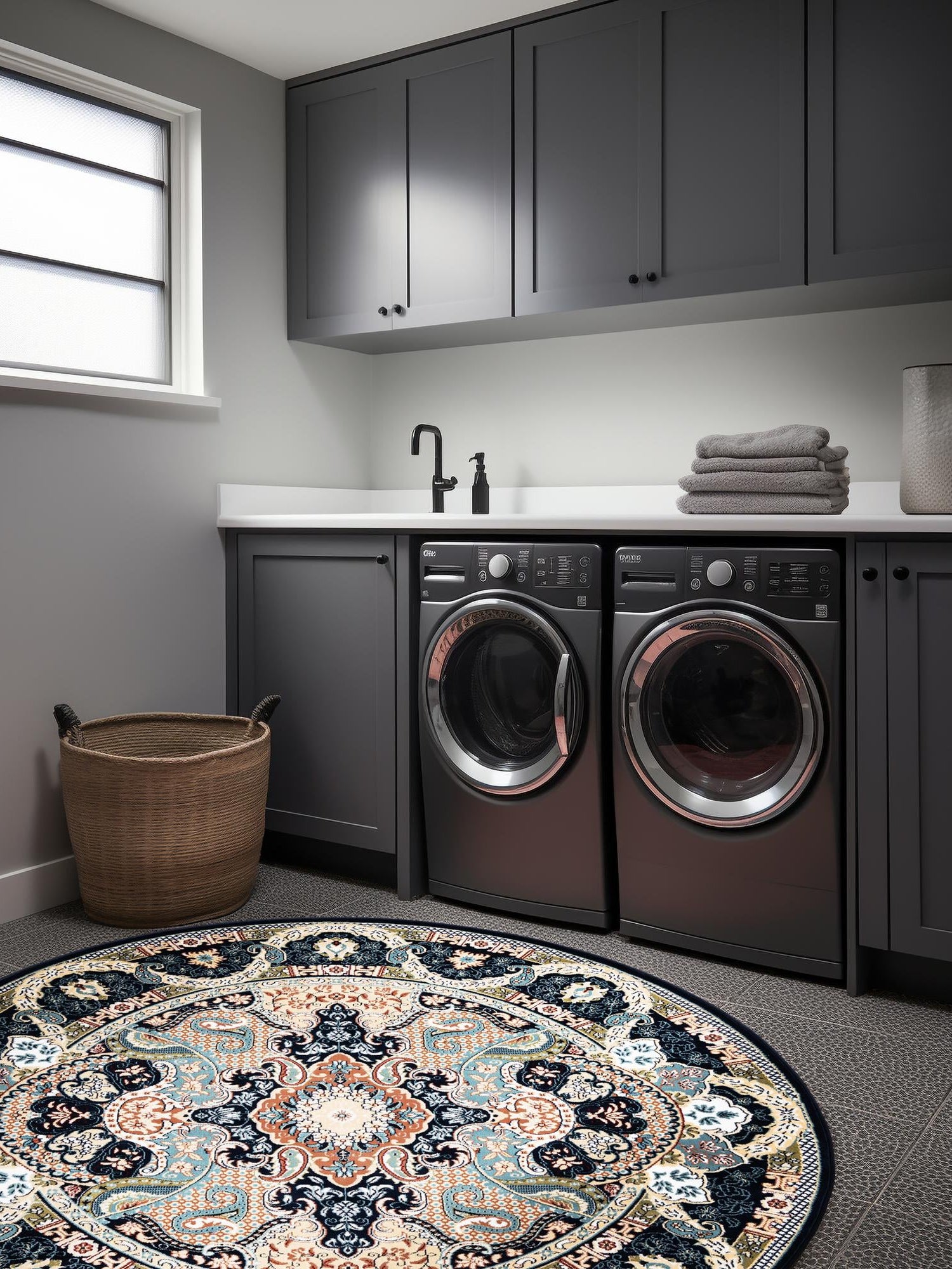 Navy Blue 10' x 10' Narenj Round Area Rug 85% Polypropylene & 15% Polyester Traditional Classic Carpet for Living, Dining, Bedrooms, Office for Sale at Rug Engine