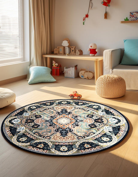 Navy Blue 5' 3 x 5' 3 Narenj Round Area Rug 85% Polypropylene & 15% Polyester Traditional Classic Carpet for Living, Dining, Bedrooms, Office for Sale at Rug Engine