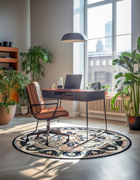 Navy Blue 7' 10 x 7' 10 Narenj Round Area Rug 85% Polypropylene & 15% Polyester Traditional Classic Carpet for Living, Dining, Bedrooms, Office for Sale at Rug Engine