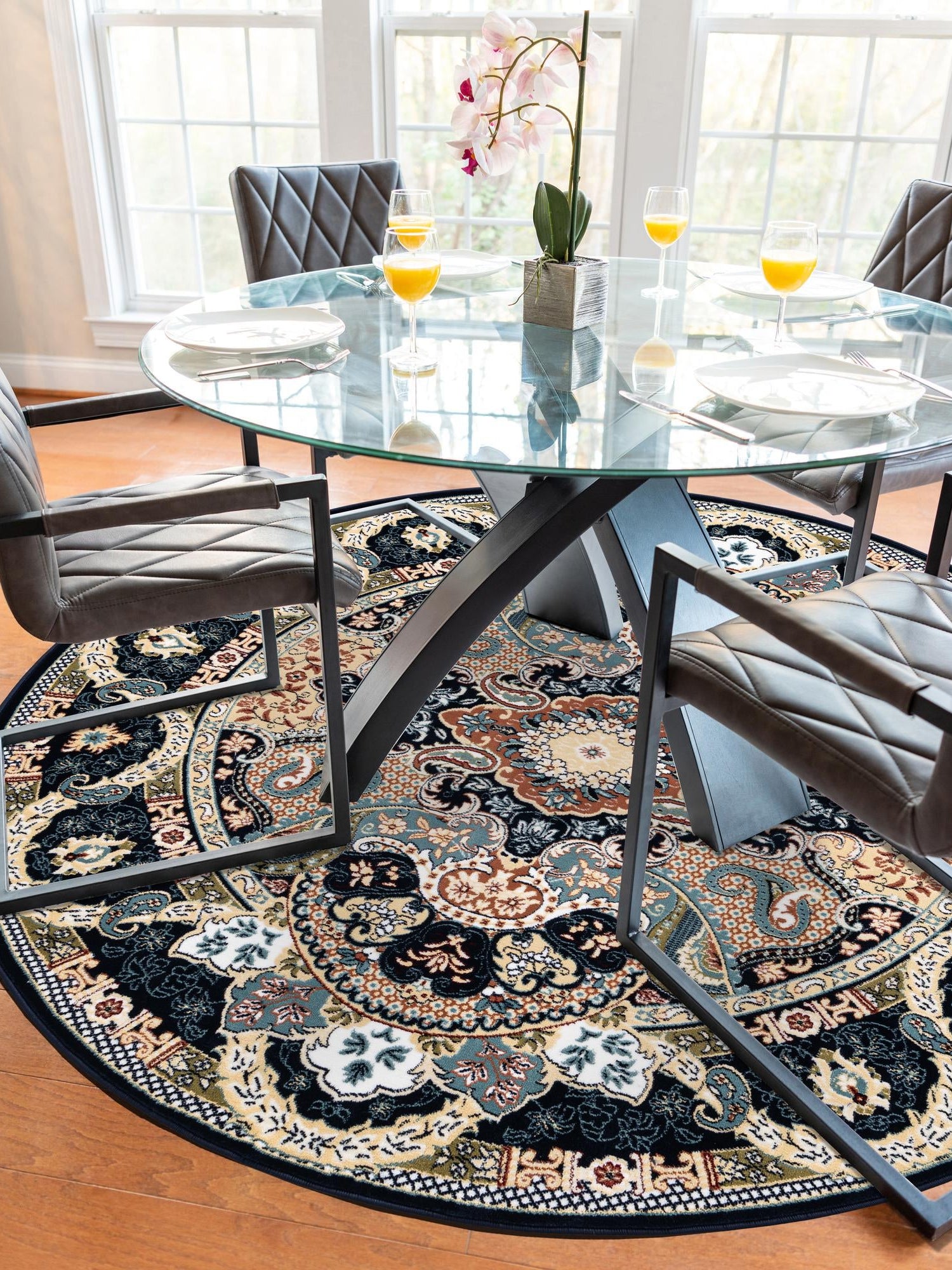 Navy Blue 7' 10 x 7' 10 Narenj Round Area Rug 85% Polypropylene & 15% Polyester Traditional Classic Carpet for Living, Dining, Bedrooms, Office for Sale at Rug Engine